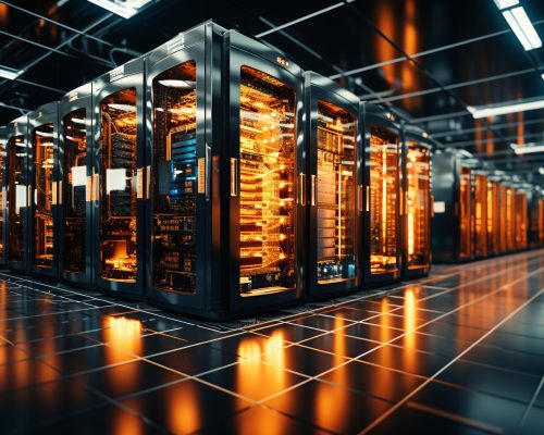 Futuristic computer network powers global communications inside modern factory generated by artificial intelligence